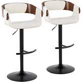 Elisa Adjustable Swivel Bar Stool in Black Metal, Walnut Wood & Cream Fabric (Set of 2)